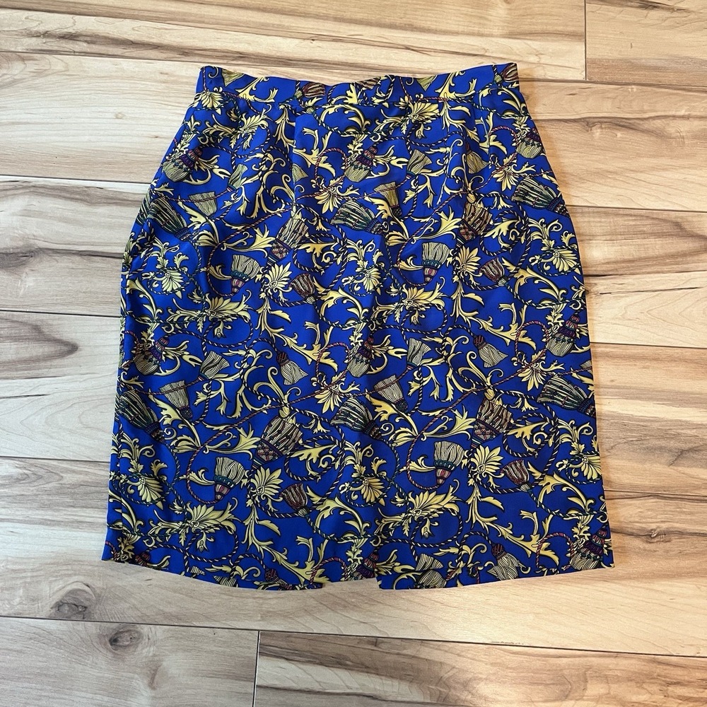 Royal Blue Baroque 100% Silk Pencil Skirt Women's Sz 2 Knee Length Golden Tassel